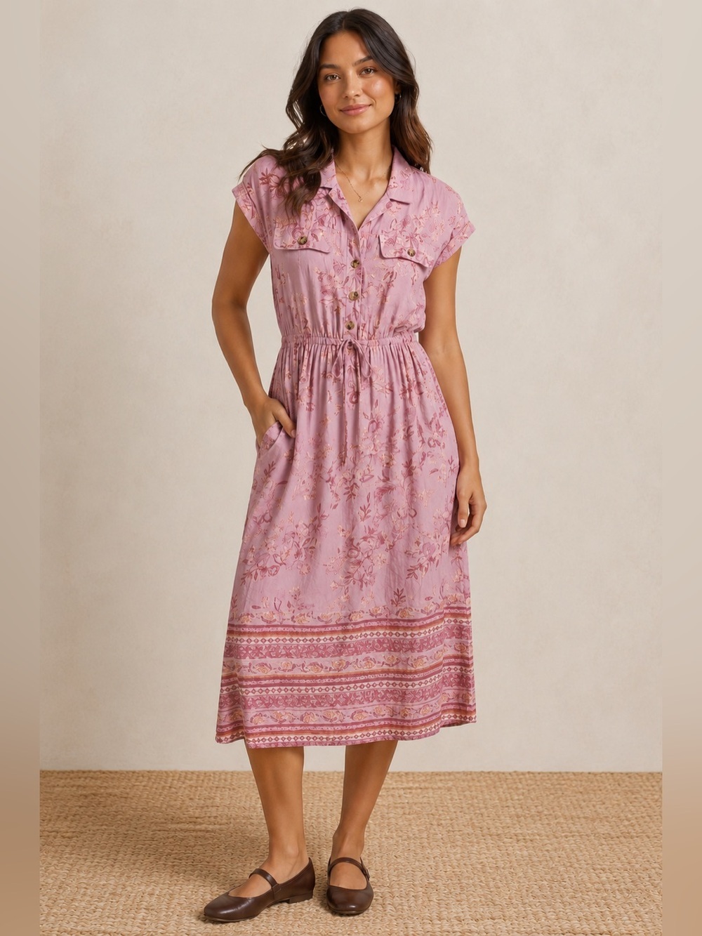 Lucky Brand Pink Floral Midi Shirt Dress Boho Cottagecore Drawstring